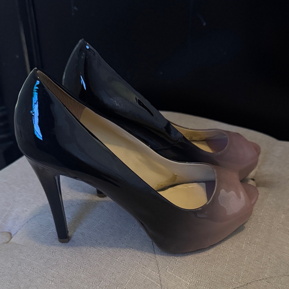Guess Black and Brown Patent Peep-Toe Heels